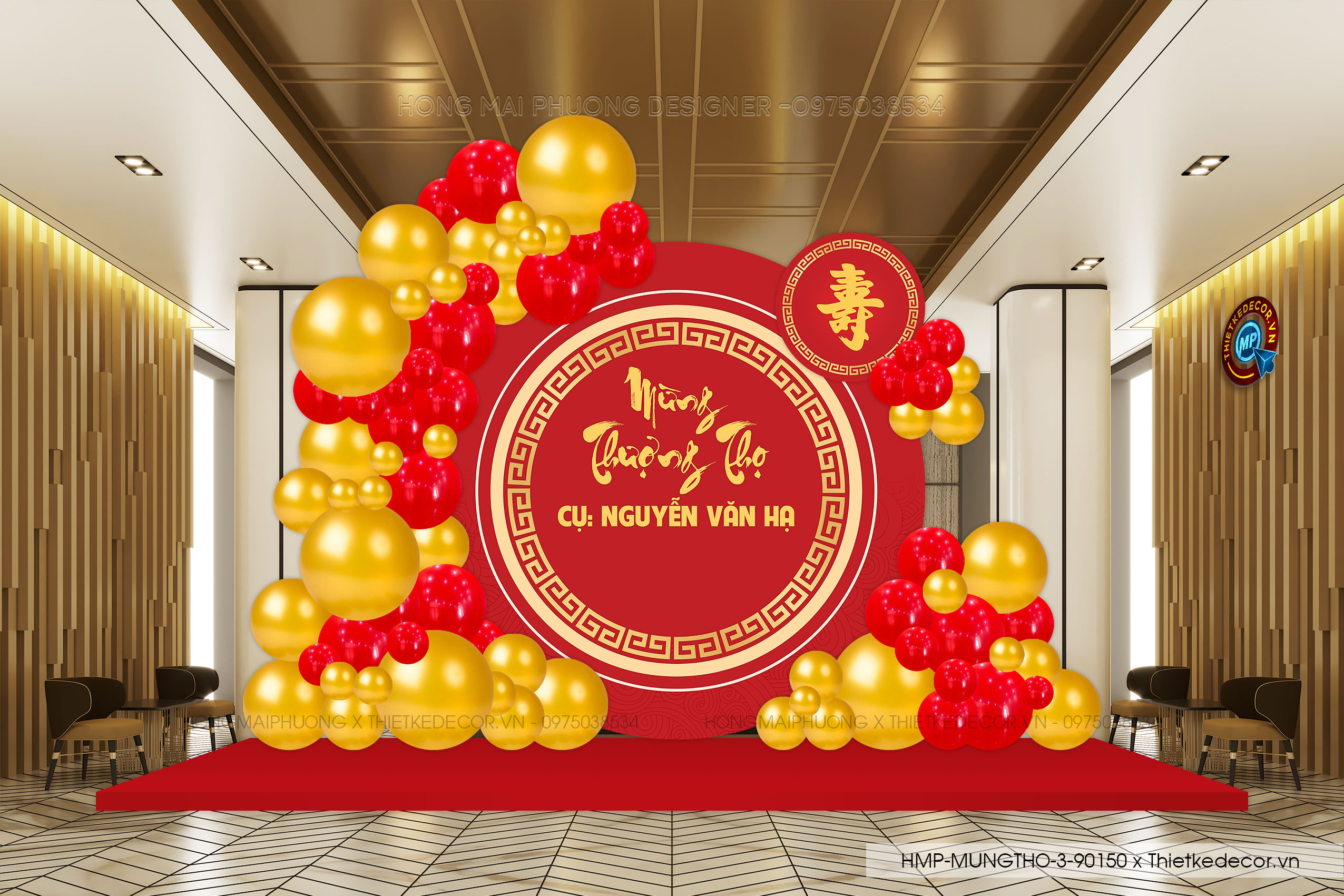 File thiết kế trang trí tiệc mừng thọ tone đỏ vàng sang trọng